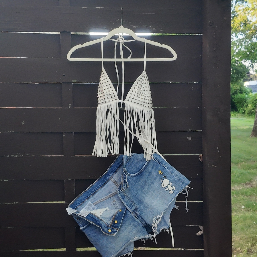 White Cropped Tie Front Top with Embellishments